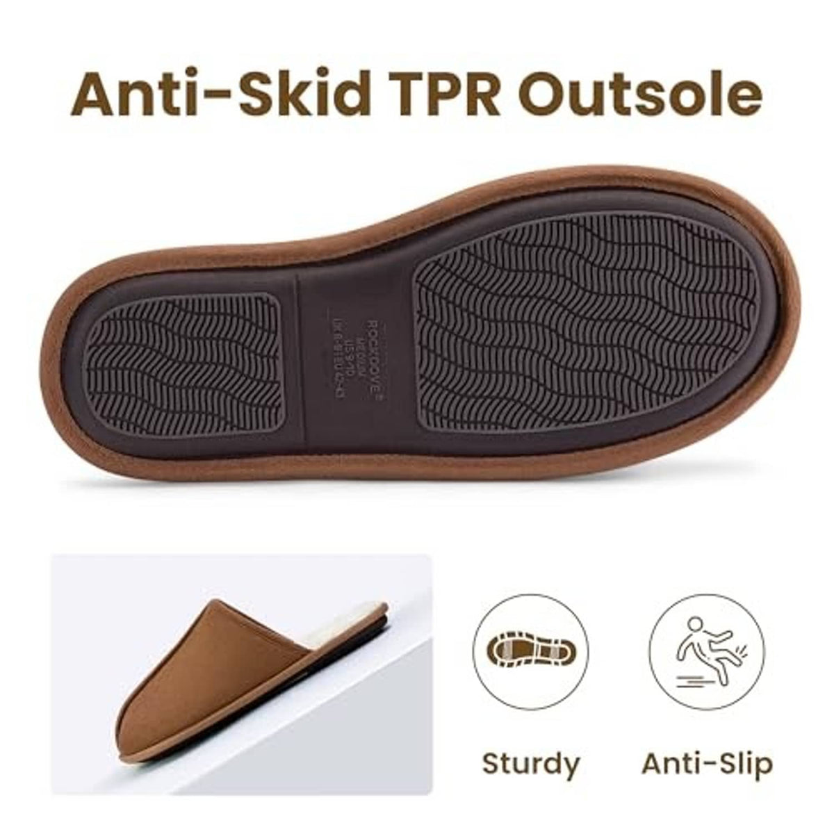 Chestnut scuff slippers with textured TPR anti-skid outsole, underside view