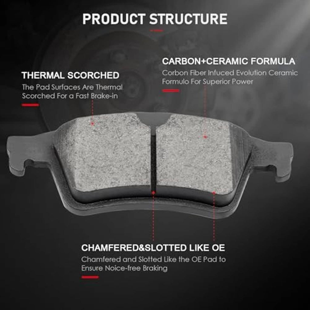 Ceramic brake pad pair showing split friction surfaces and mounting tabs