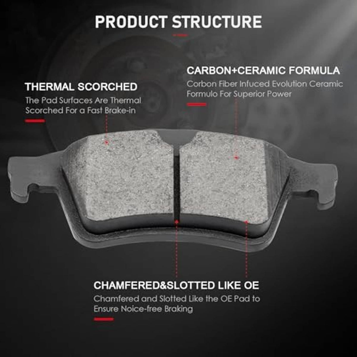 Ceramic brake pad pair showing split friction surfaces and mounting tabs
