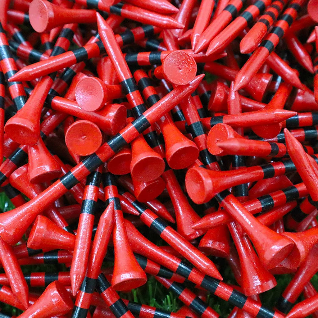 Red golf tees with black striped shafts and rounded heads; close-up of many tees