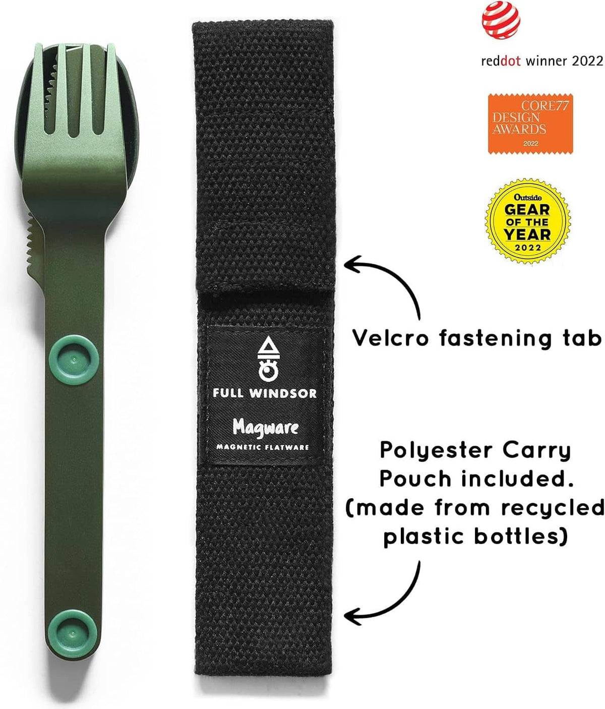 Green Magware cutlery set with carry pouch: fork and knife with teal magnet buttons