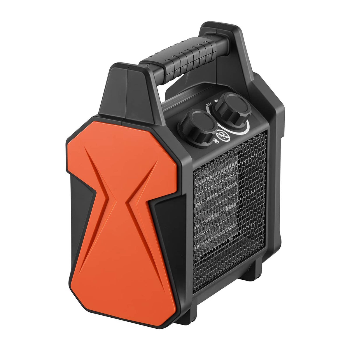 Electric greenhouse heater close-up with orange front panel, top controls, and side handle