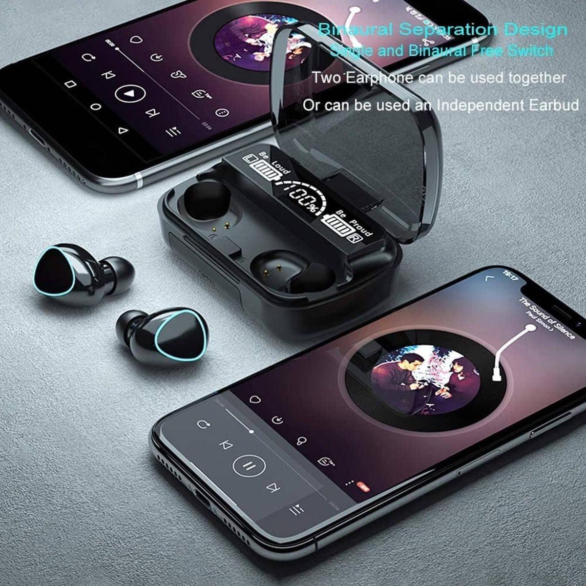 Wireless earbuds with charging case, two-earbud use and switching design