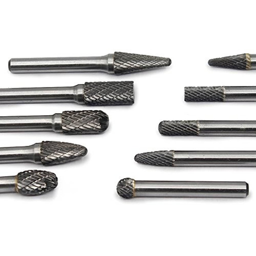Close-up of tungsten carbide burr set heads, double-cut texture on rotary bits
