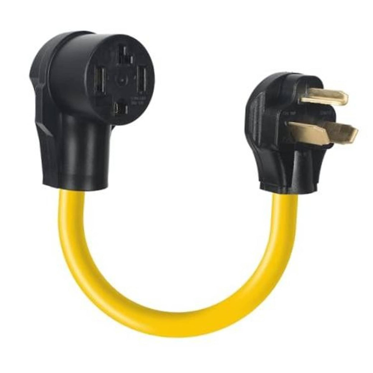 Black NEMA 10-30P to 14-30R adapter cord with yellow cable, curved 90-degree plugs