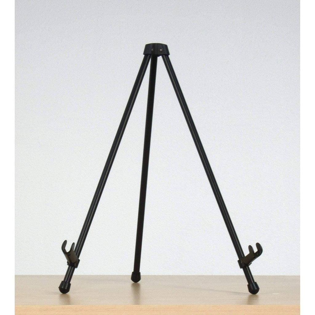 Black tripod tabletop easel stand with three legs, top cap, and stable feet