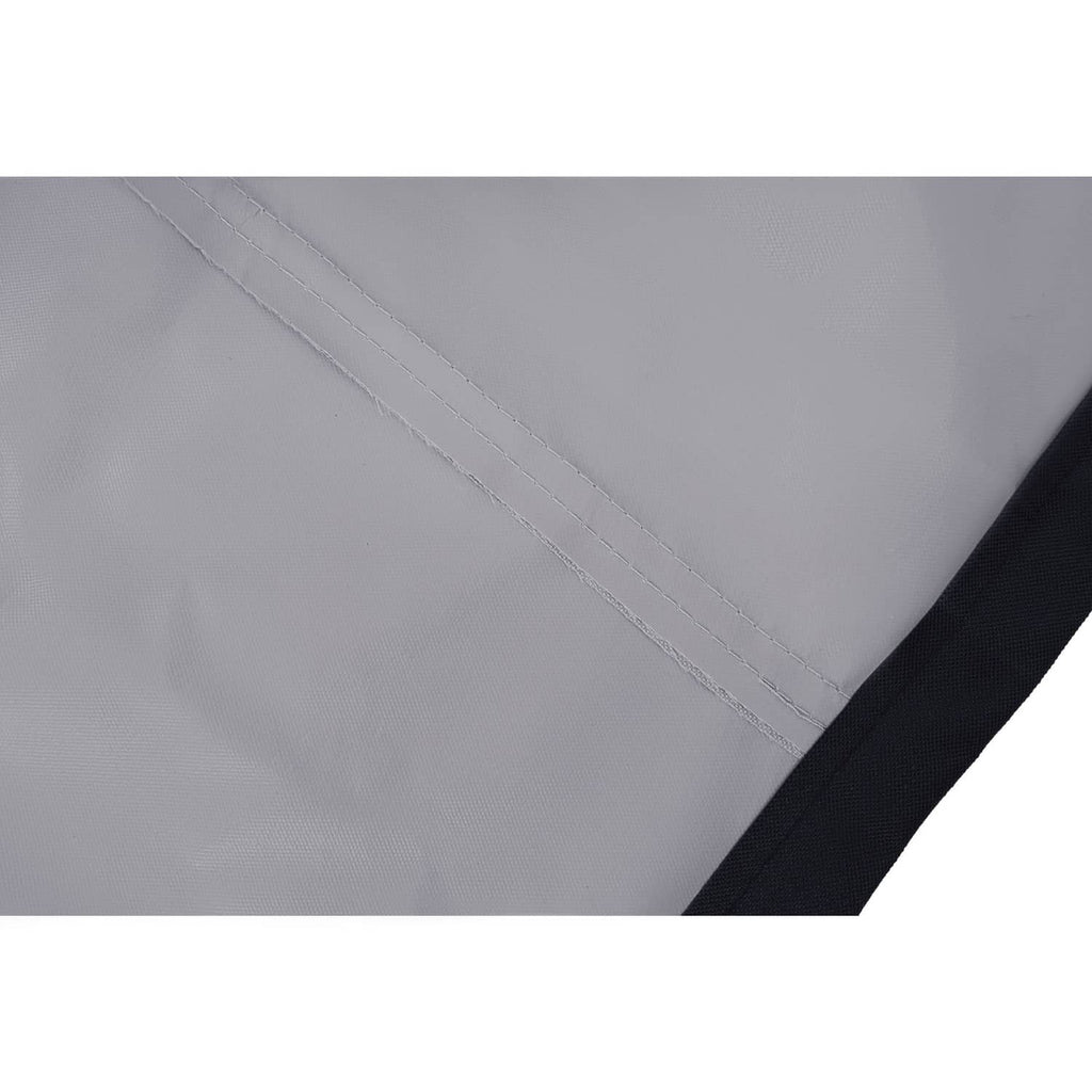 Gray cover fabric with diagonal stitched seam and black edge binding