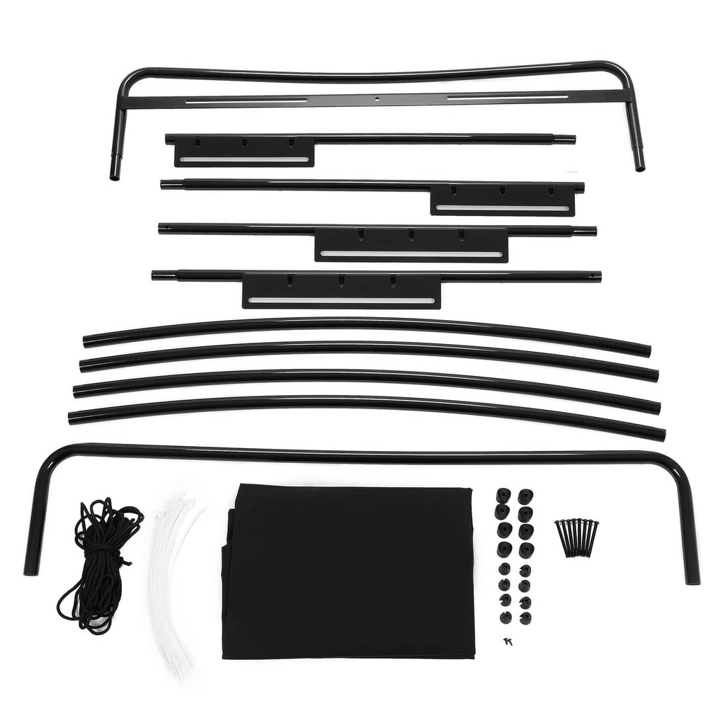 Golf cart roof kit parts set: black frame tubes, panels, fasteners, cords