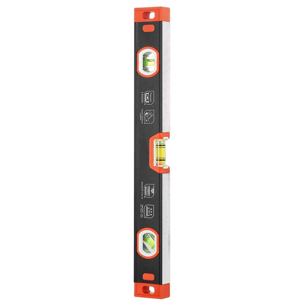 Black and orange torpedo level in vertical view with vial windows