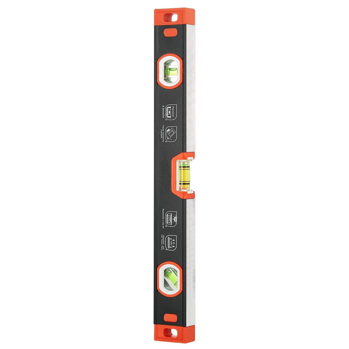 Black and orange torpedo level in vertical view with vial windows