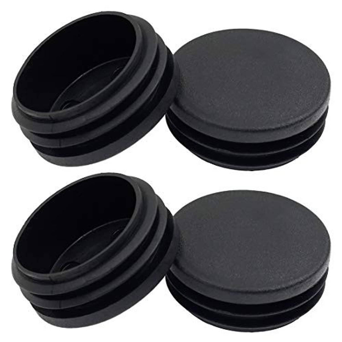 Set of four black round plastic plugs with wide flat top, 45mm size