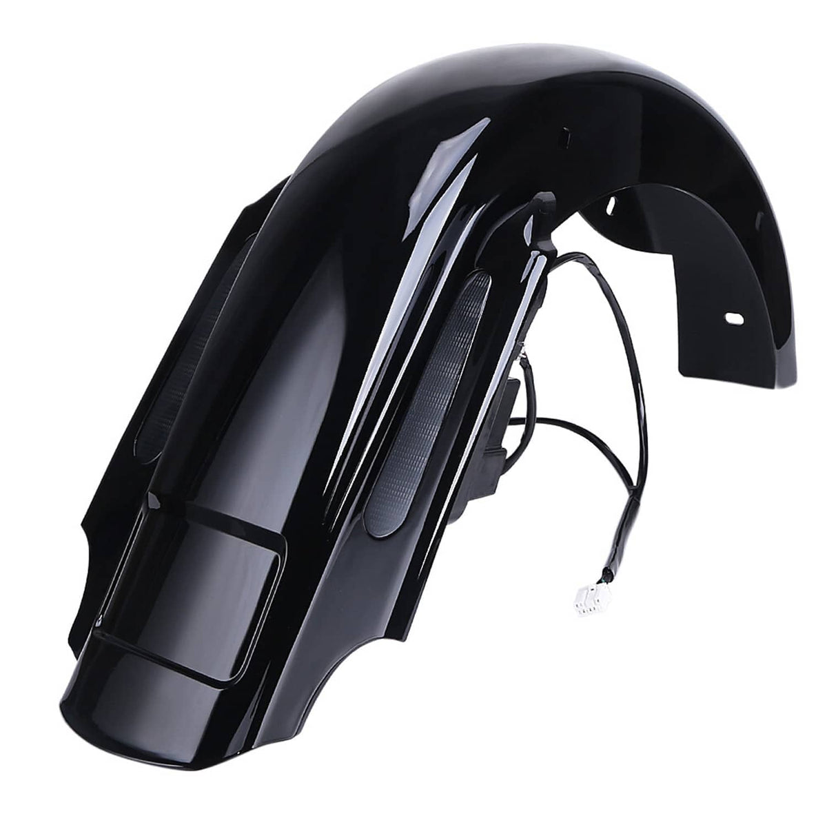 Black extended rear fender with LED lenses and included wiring harness connector