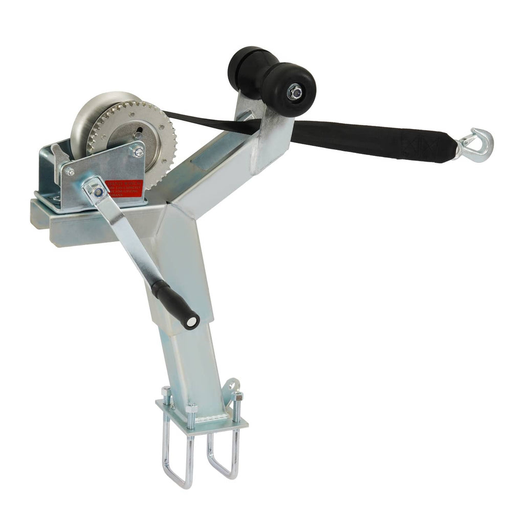 Adjustable boat trailer winch stand with side-mounted roller and handle grip