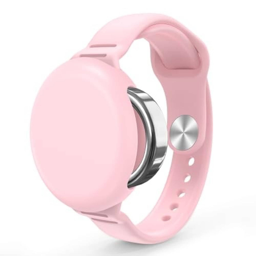 Pink silicone wristband with silver-tone clasp and adjustable strap holes for a ring