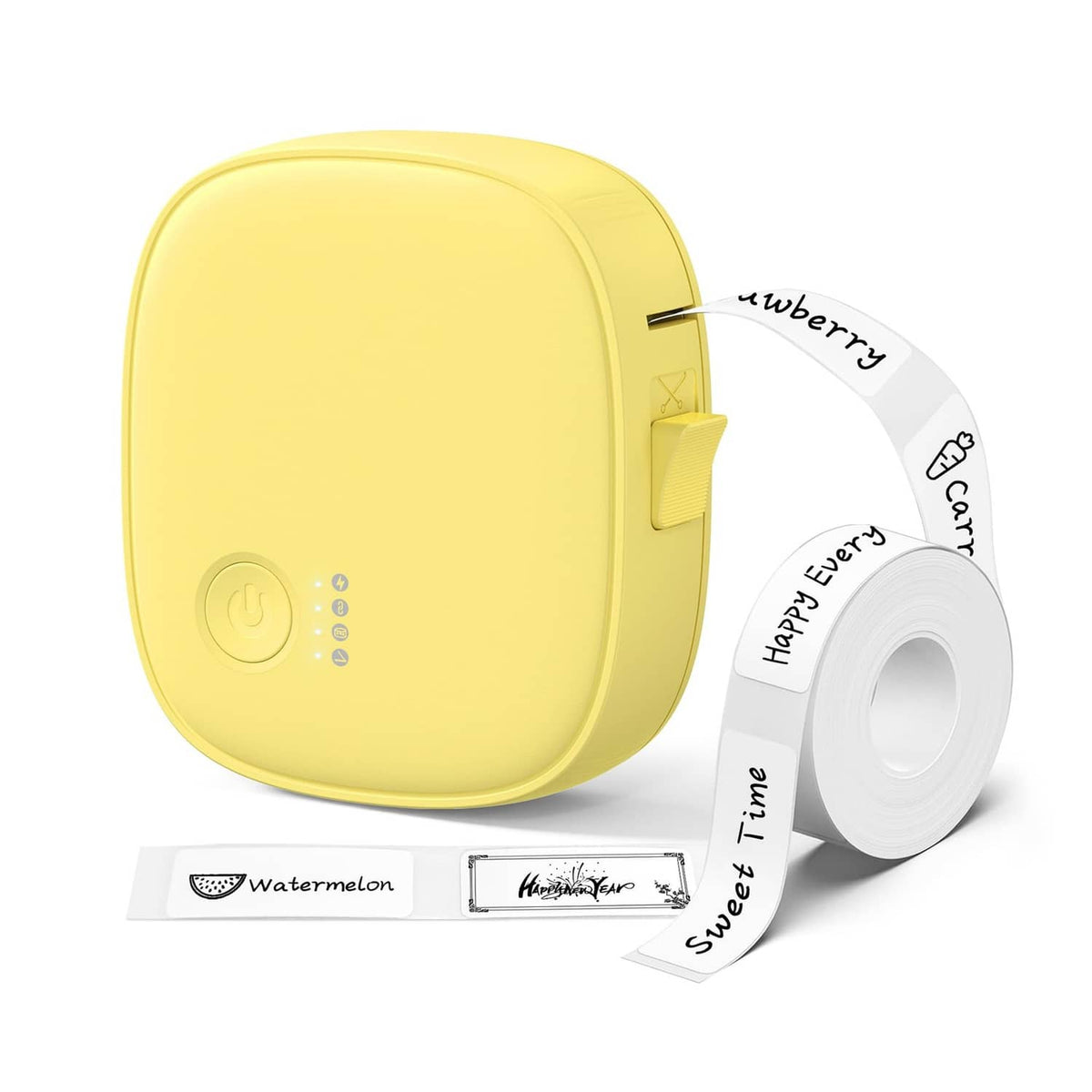Yellow mini label maker machine with tape, portable compact handheld design