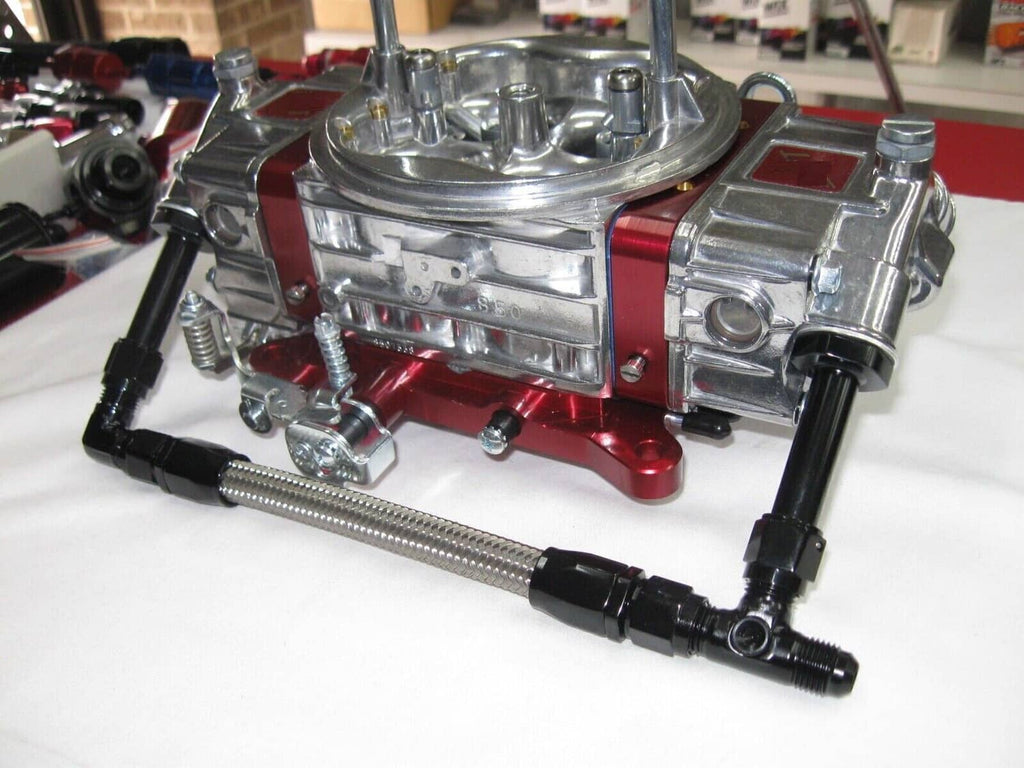 Dual feed carb fuel line kit with braided hoses and metal fittings, with red carb base