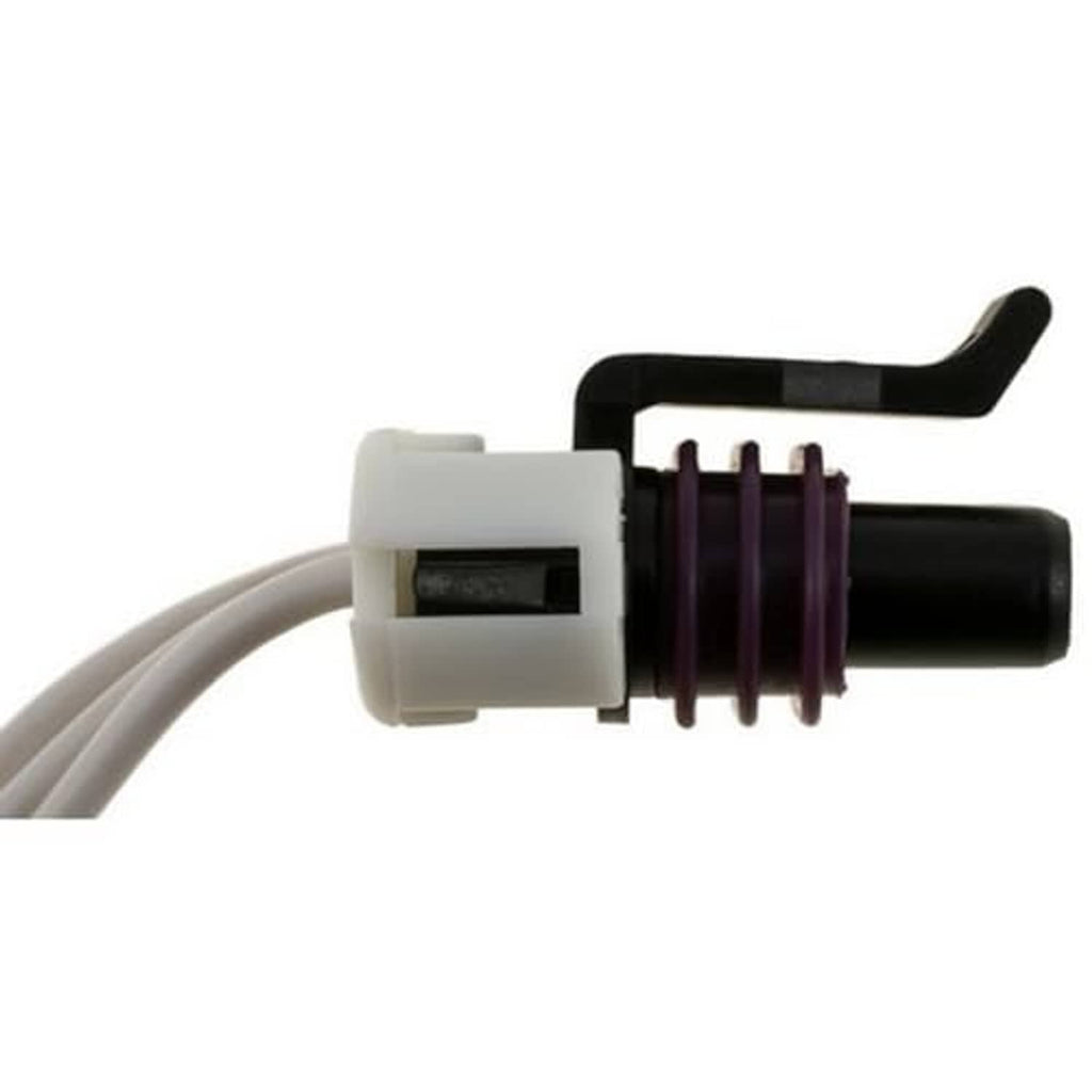 Throttle body actuator wiring pigtail side view, black and white connector with purple core rings