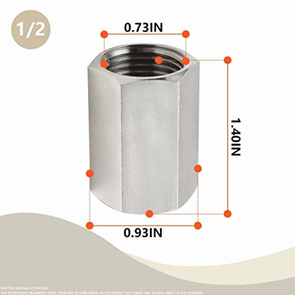Stainless steel hex coupling, NPT 1/2; approx 0.93 in length and 1.10 in height