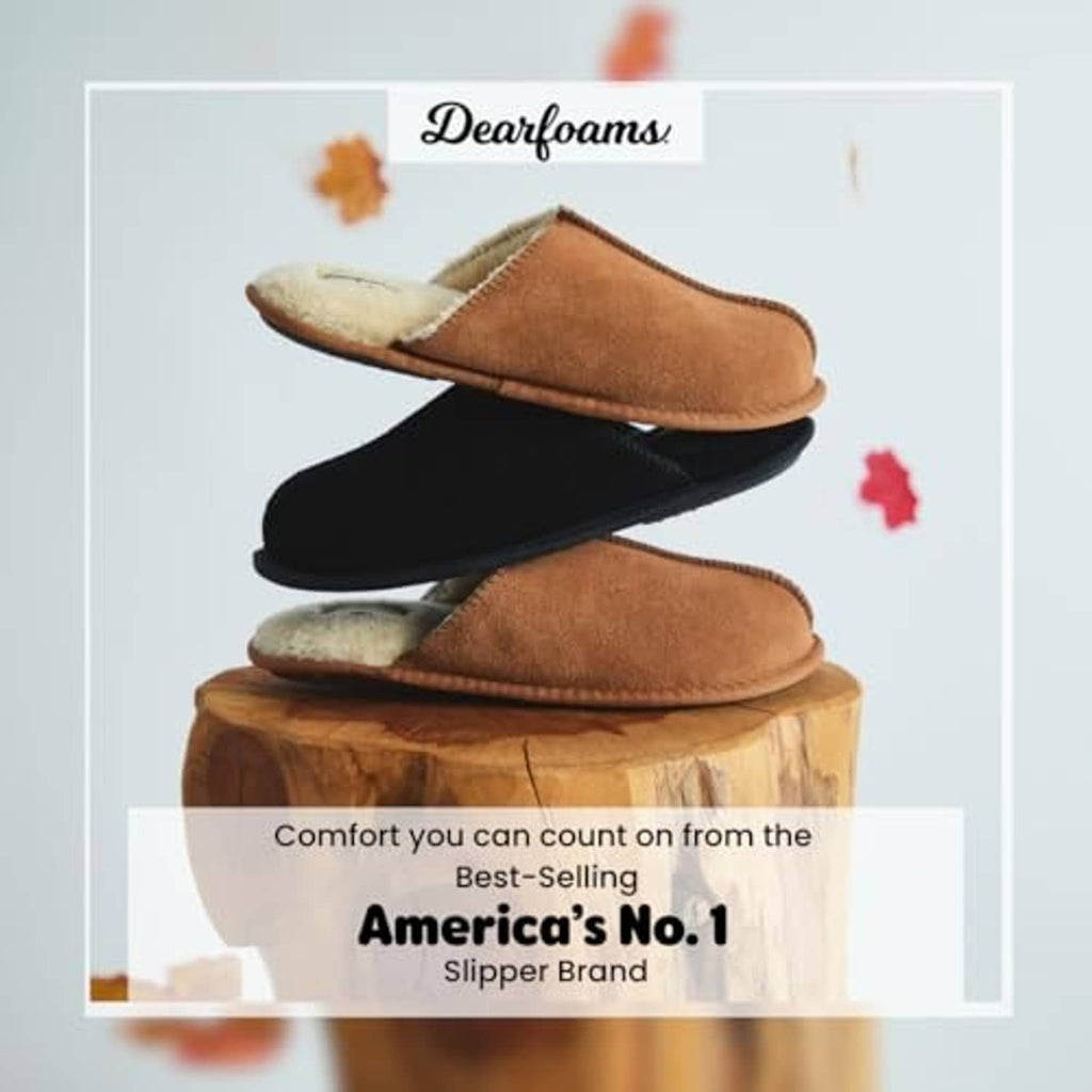Chestnut and black suede scuff slippers with plush white lining, stacked