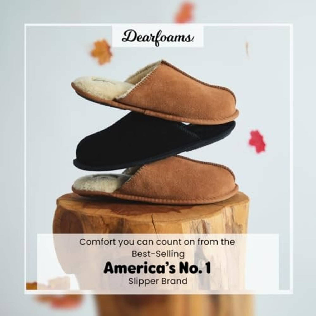 Chestnut and black suede scuff slippers with plush white lining, stacked