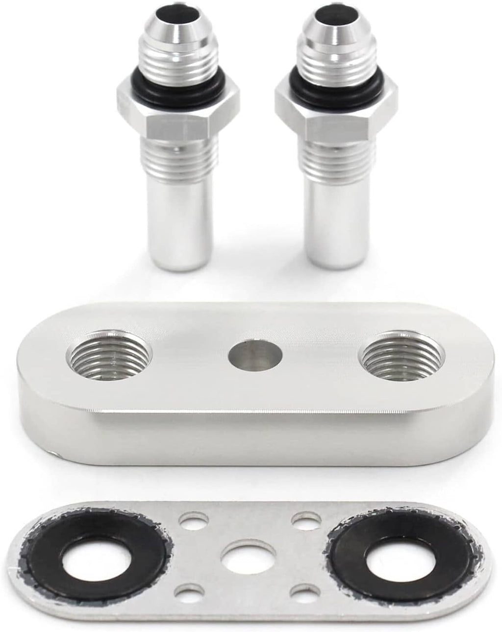 Transmission cooler line adapter plate with two 6AN male fittings and sealing washers