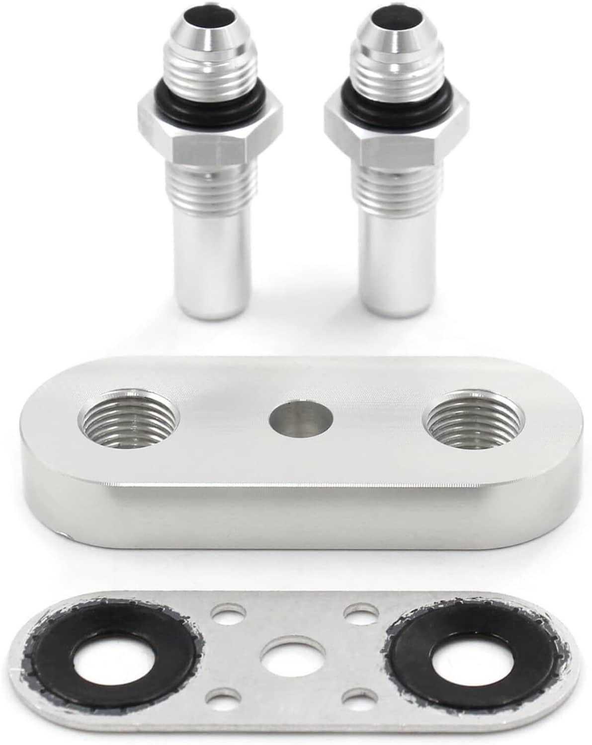 Transmission cooler line adapter plate with two 6AN male fittings and sealing washers
