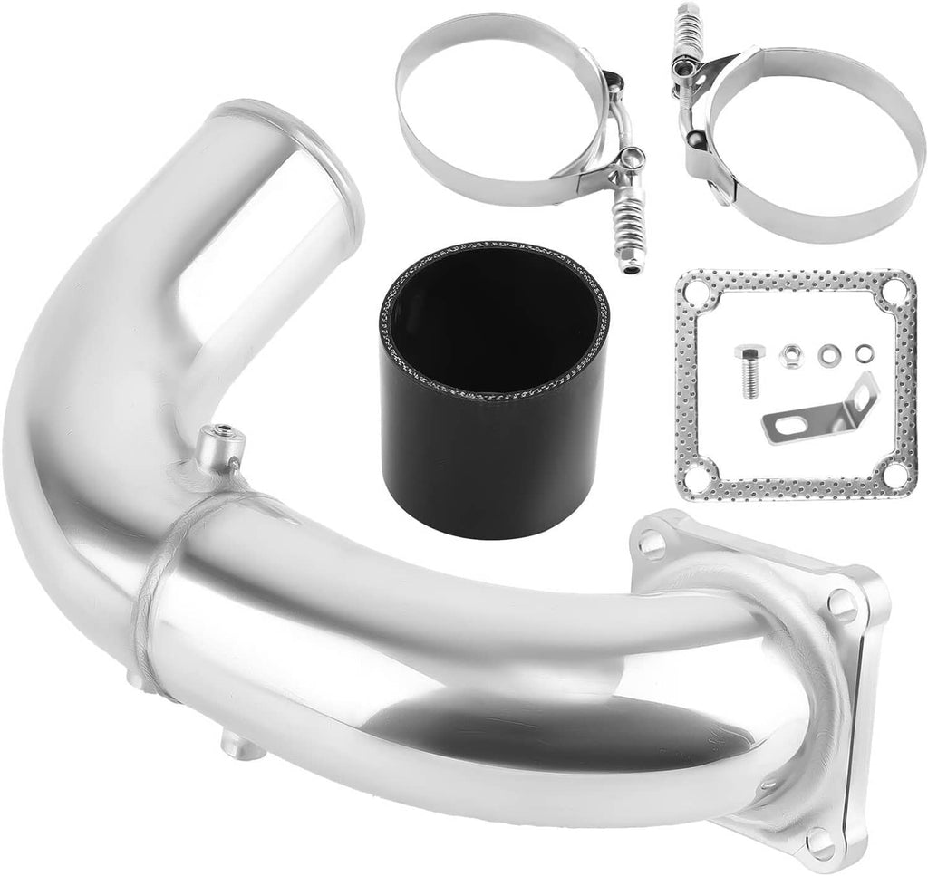 Polished metal charge pipe intake elbow with clamps, gasket plates, and black sleeve