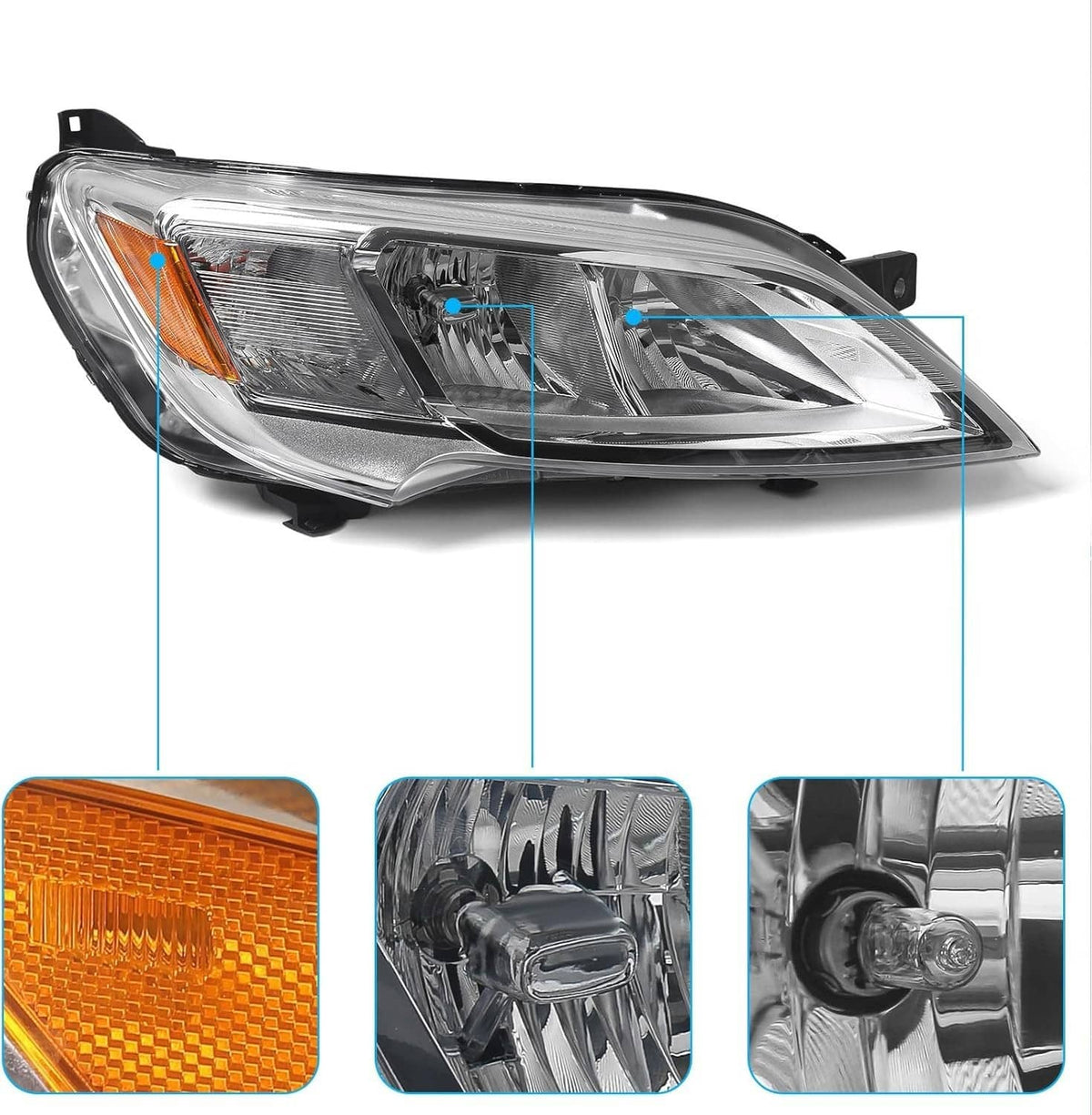 Right halogen headlight assembly with clear lens and amber side marker, black housing
