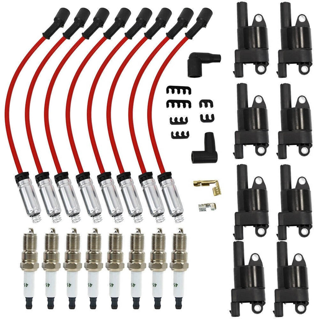 Spark plug wire set with red leads, spark plugs, and black coil connectors
