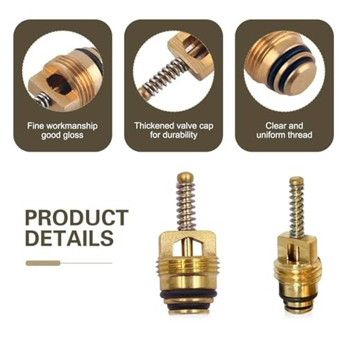 Brass HVAC valve core with black cap and threaded stem, close-up kit part