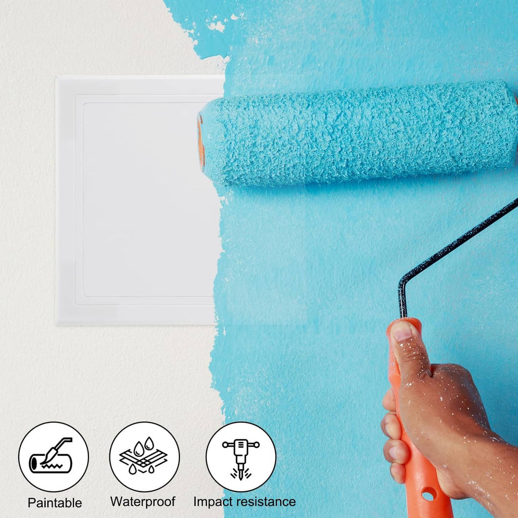 White self-adhesive access panel on wall with square cover, ready to paint