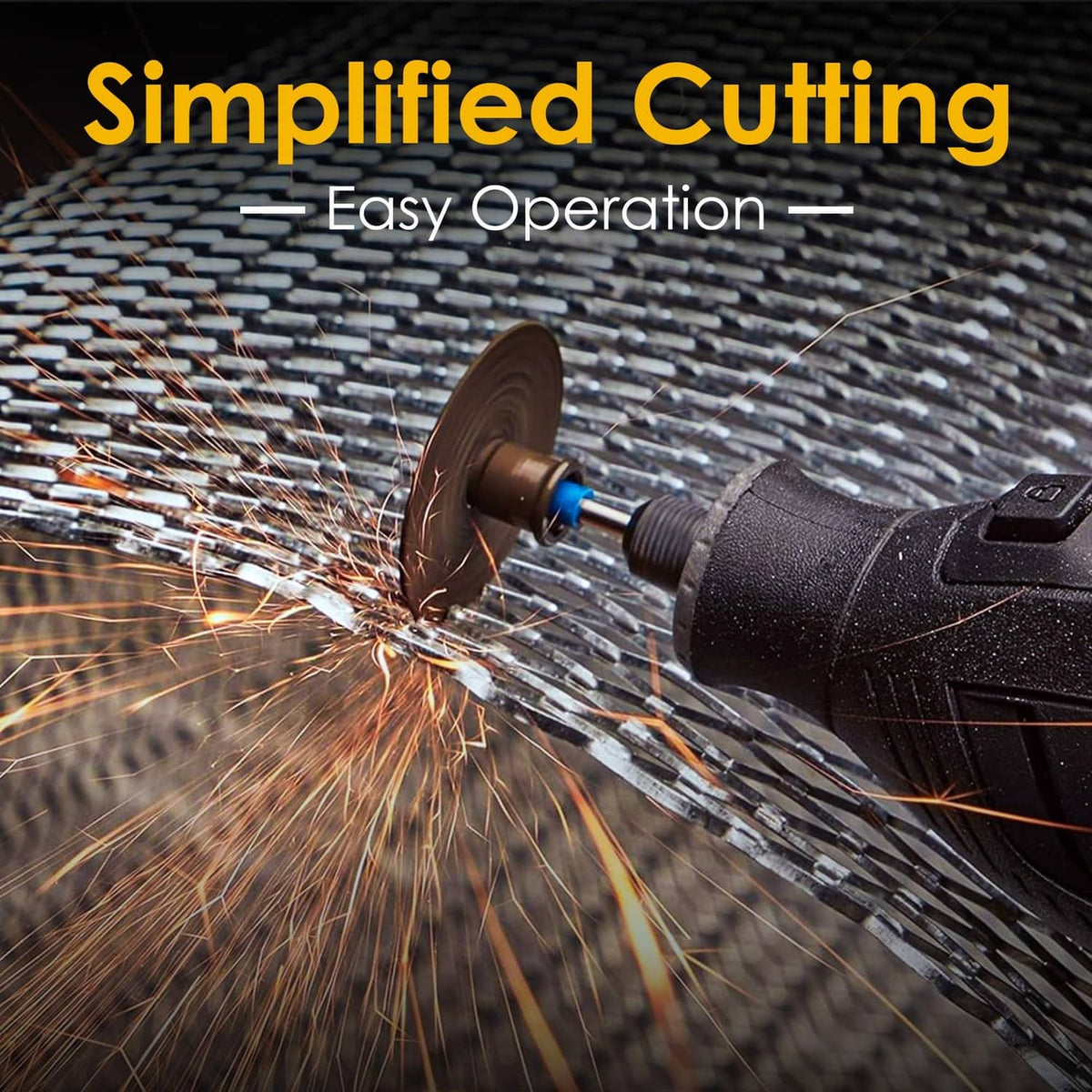 Rotary cutting wheel in use with visible sparks and a grinding disc on metal