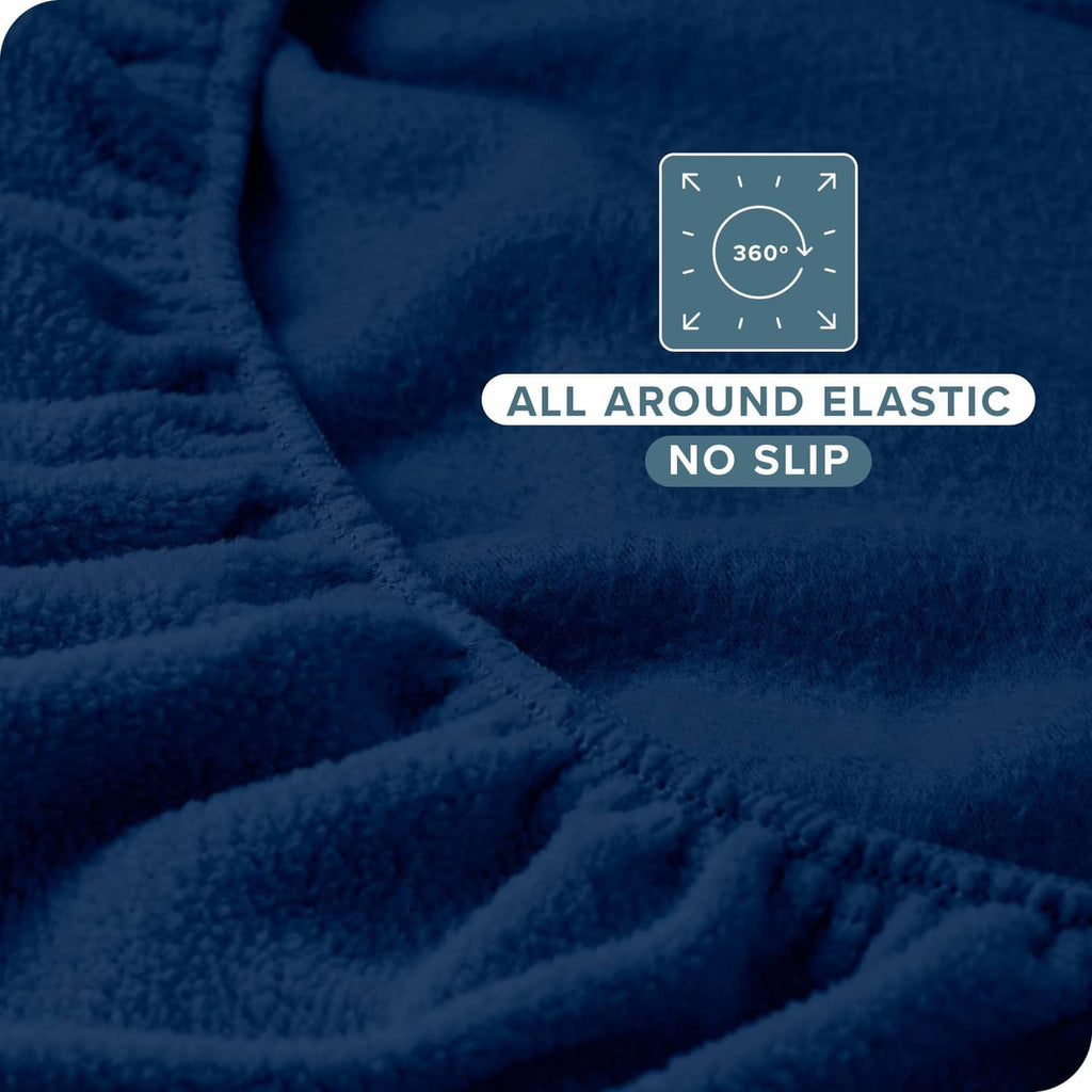 Dark blue fleece fitted sheet texture with all-around elastic grip