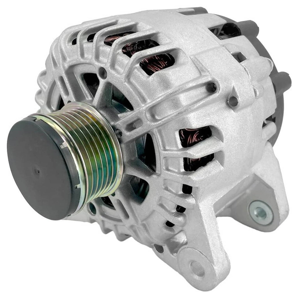 Silver alternator with threaded pulley inlet and cooling grille, angled view