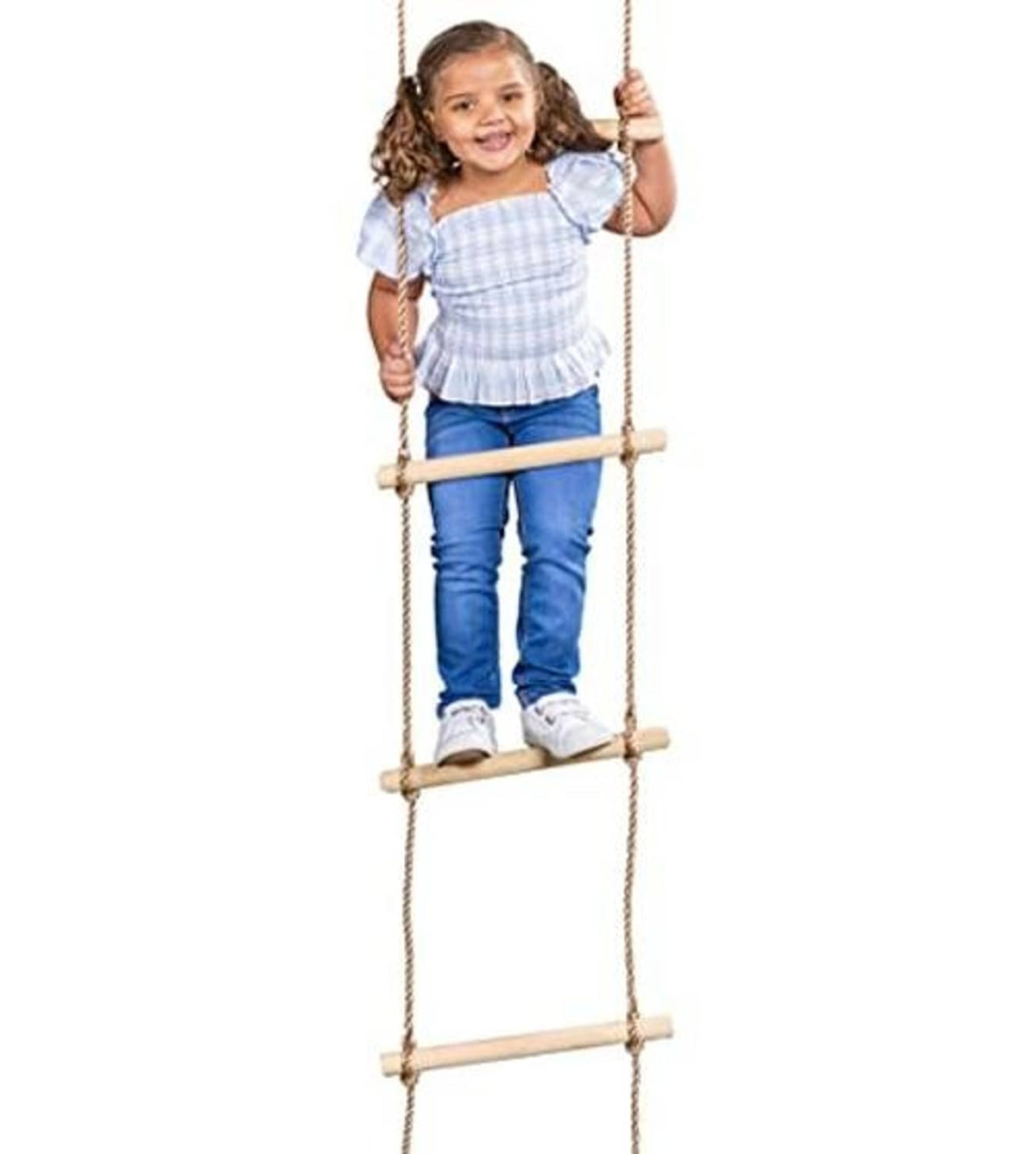 Kids rope ladder with wooden rungs and blue crossbar, suspended for climbing