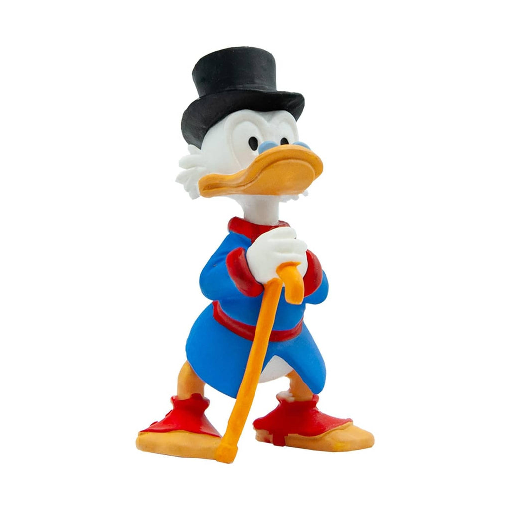 Small hand-painted duck figurine with black top hat, blue coat, and gold cane