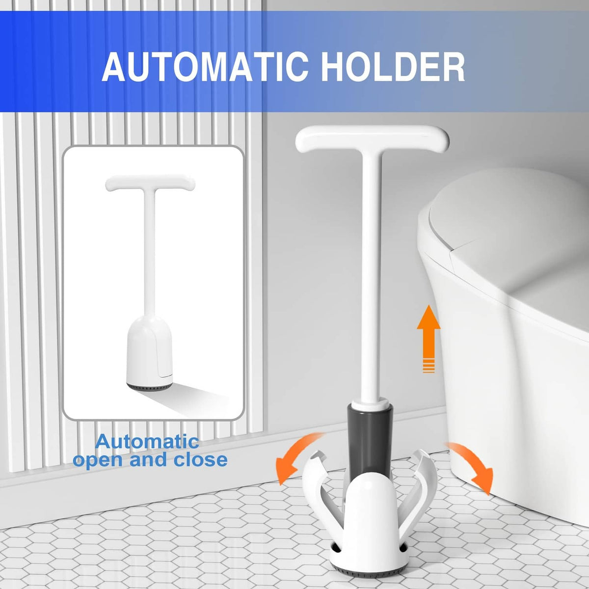 White toilet plunger with automatic holder system beside a toilet