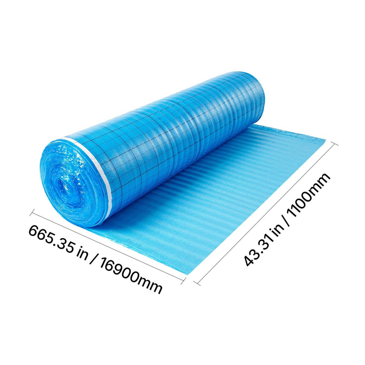 Blue floor underlayment roll with unfolded sheet and dimension labels