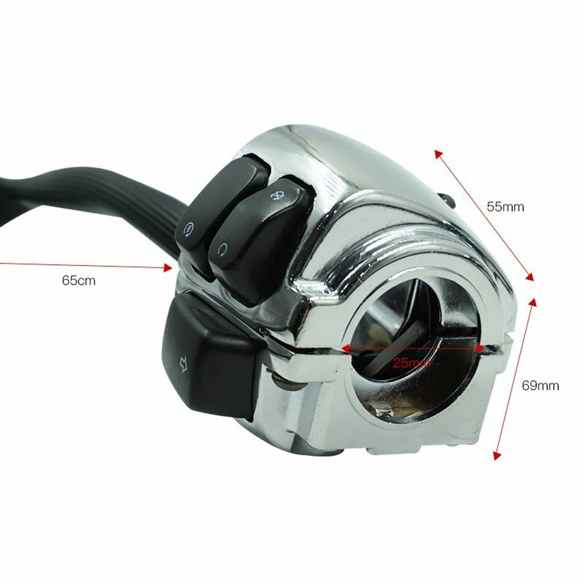 Chrome handlebar control switch cluster with black buttons, includes wiring