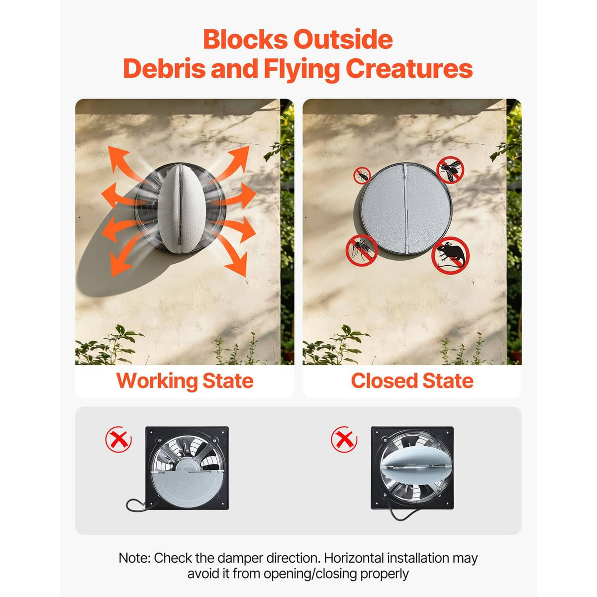 Wall-mounted ventilation fan with vent cover shown open and closed states