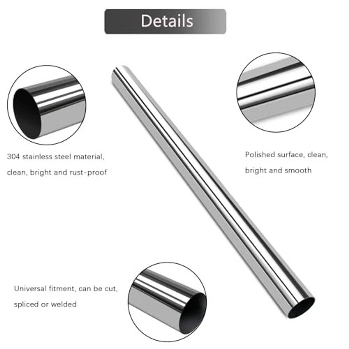 Polished stainless steel tube with circular open end and smooth, bright surface