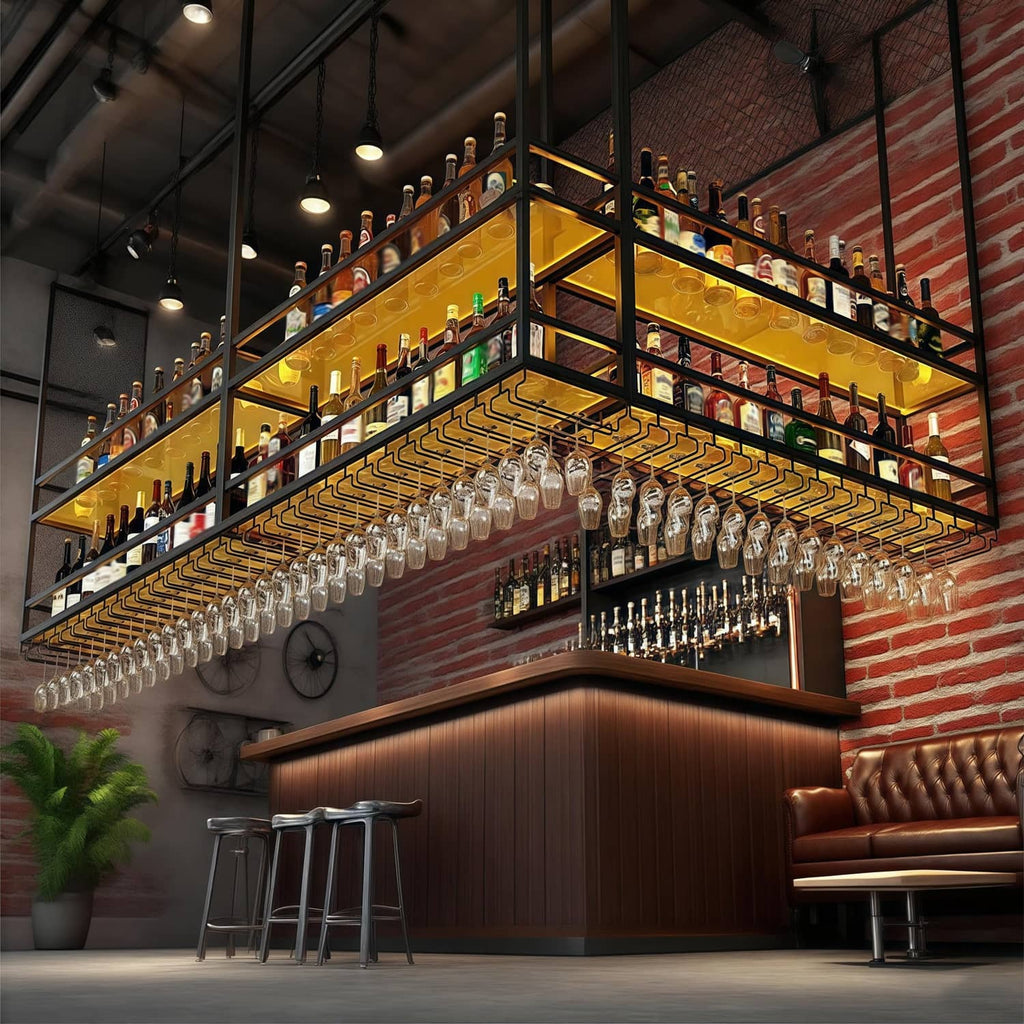 Ceiling wine glass rack with transparent shelves, bottle storage, and hanging glass stems