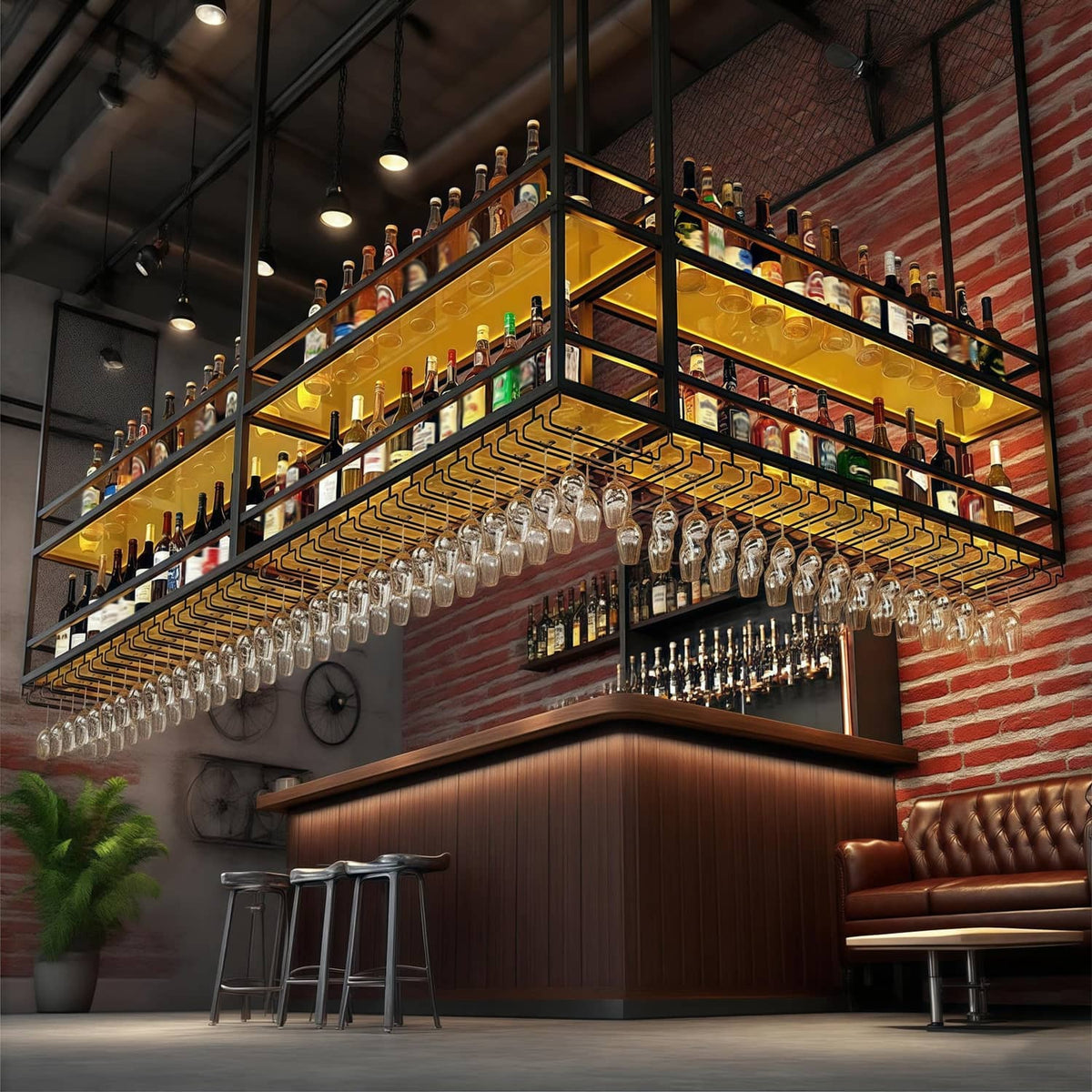 Ceiling wine glass rack with transparent shelves, bottle storage, and hanging glass stems