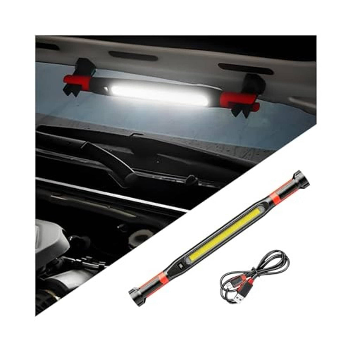 Under-hood LED work light bar with red magnetic clips and included cable set