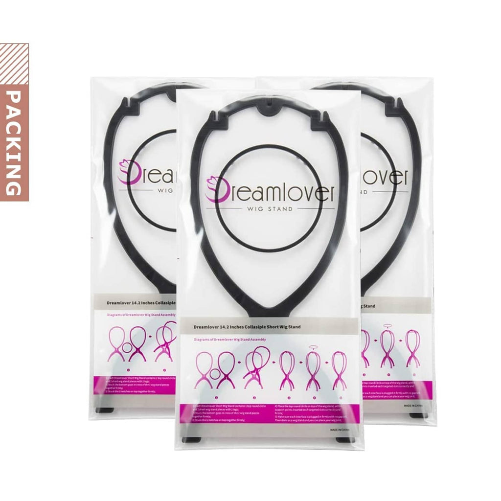 Wig head stands in retail package, black hourglass base and circular support