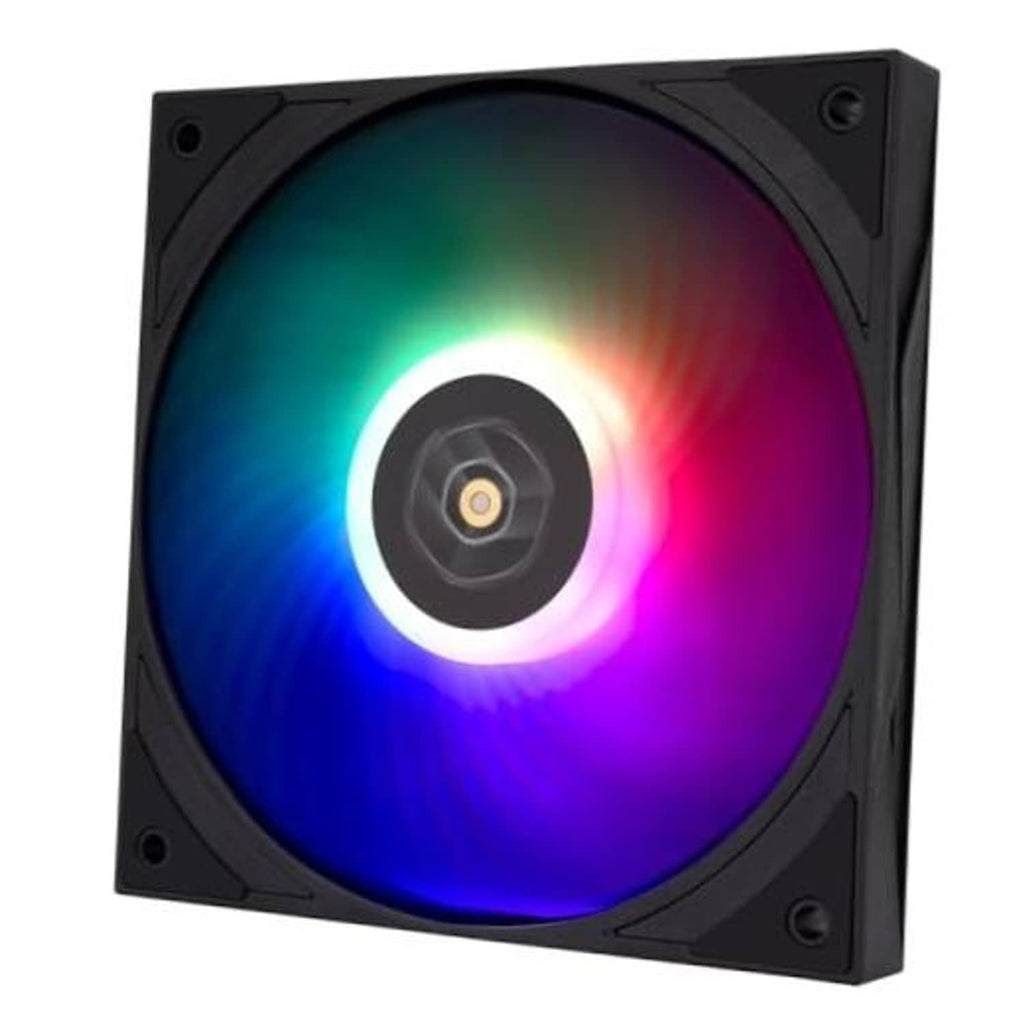 Black square ARGB computer fan with RGB light ring and dark center hub