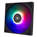 Black square ARGB computer fan with RGB light ring and dark center hub
