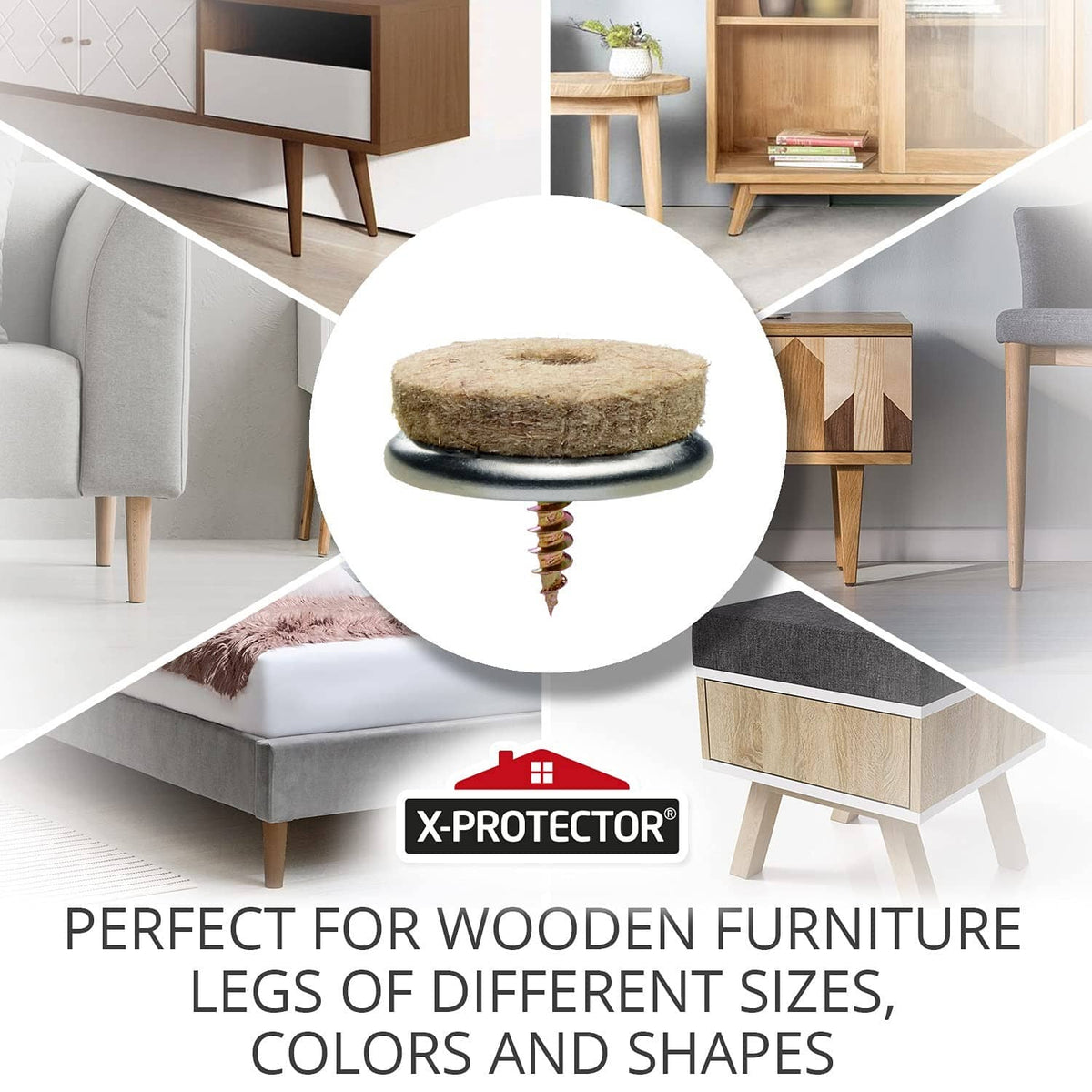 Screw-on felt furniture pad with beige felt top and metal screw, close-up