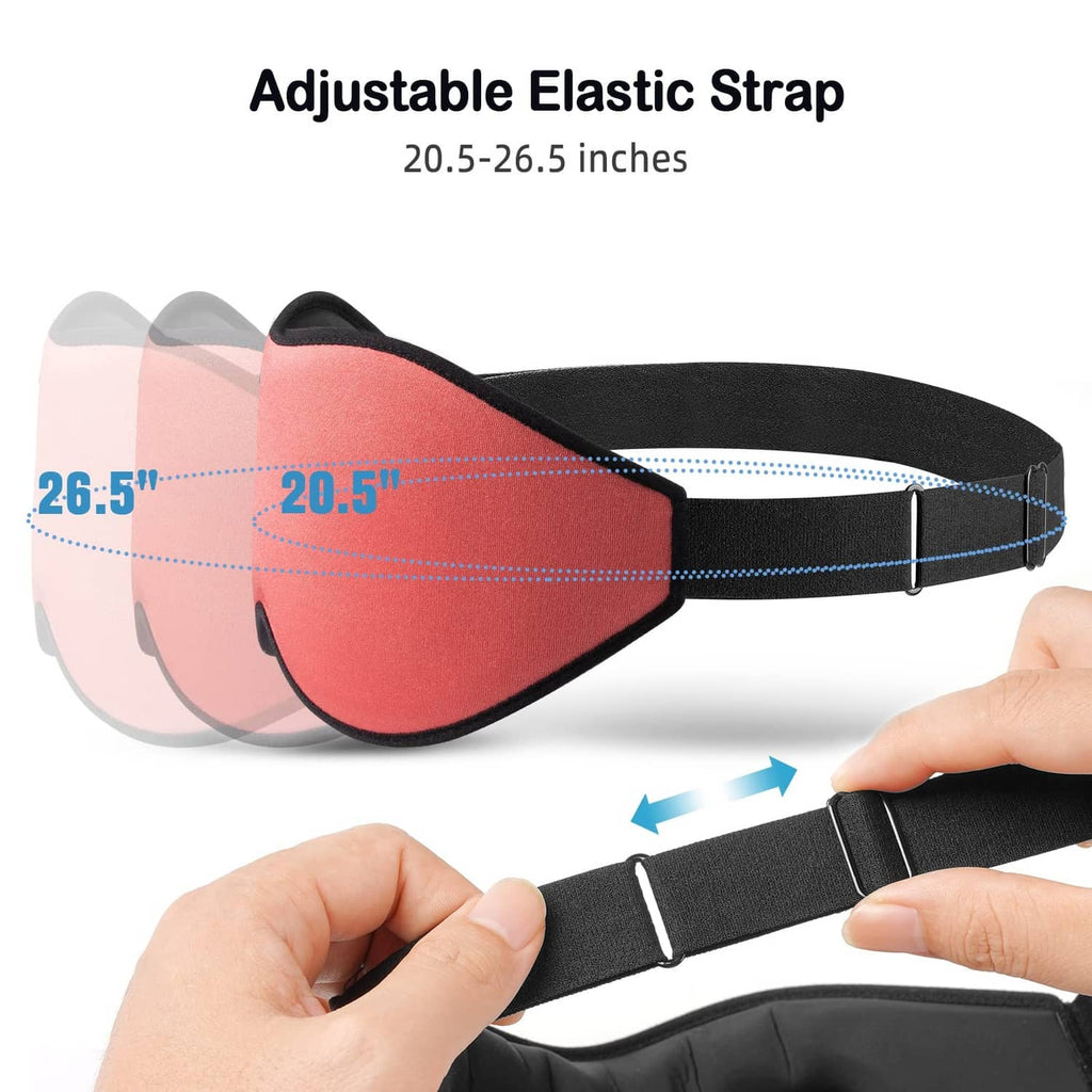 Coral red sleep eye mask with adjustable elastic strap and black fastening tab