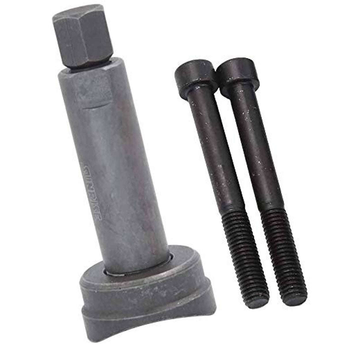 Chain piston pin extractor tool set with gray post base and two black threaded puller bolts